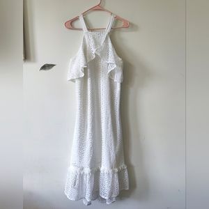 NWOT Kaari Blue White Lace and Fringe Dress